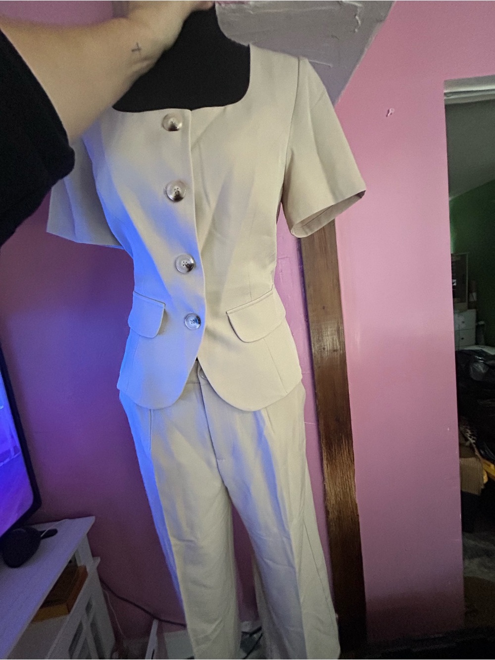 Cream Short-Sleeve Women's 2 piece Pant Suit - Tailored Button Front